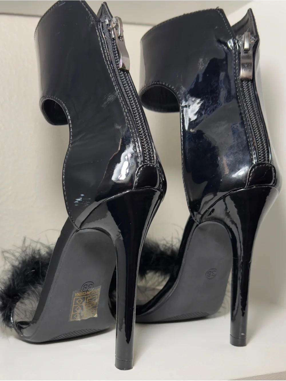 SHEIN Black Patent Faux Fur Ankle-Strap High Heels